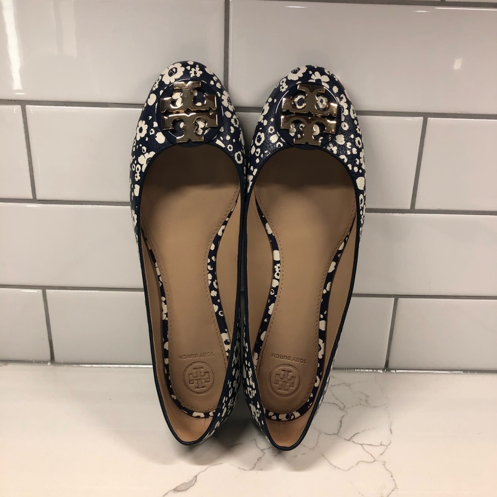 Tory Burch Leather Ballet Flats, Sz 10 Navy Floral